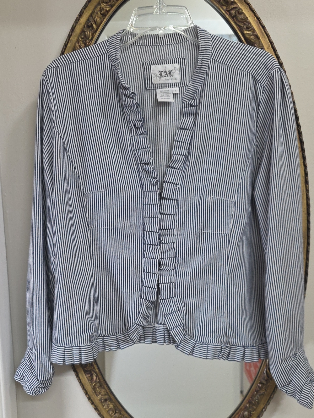 Live a Little Navy White Striped Ruffle-Trim Blazer Cotton Blend Size L Ruched